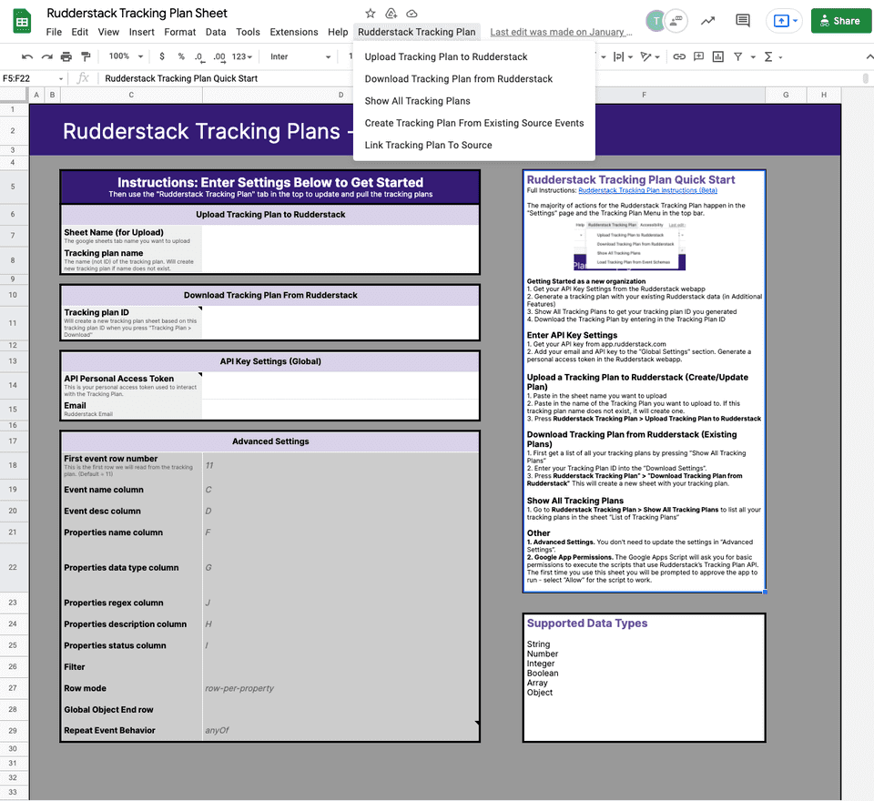 Tracking Plan menu