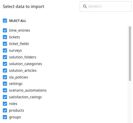 Selecting the data to import