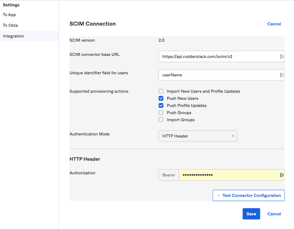 SCIM provisioning settings