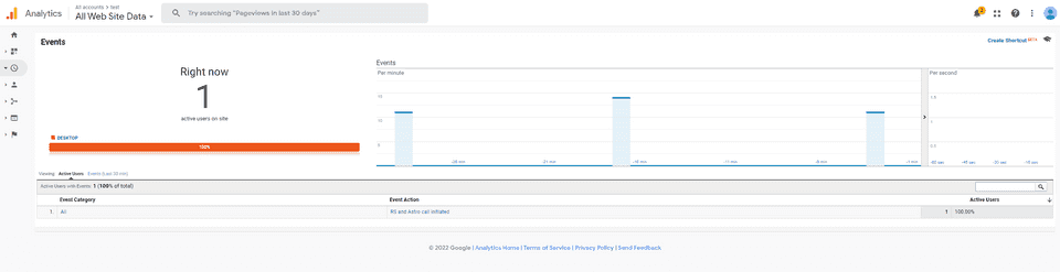 Google Analytics live events tab